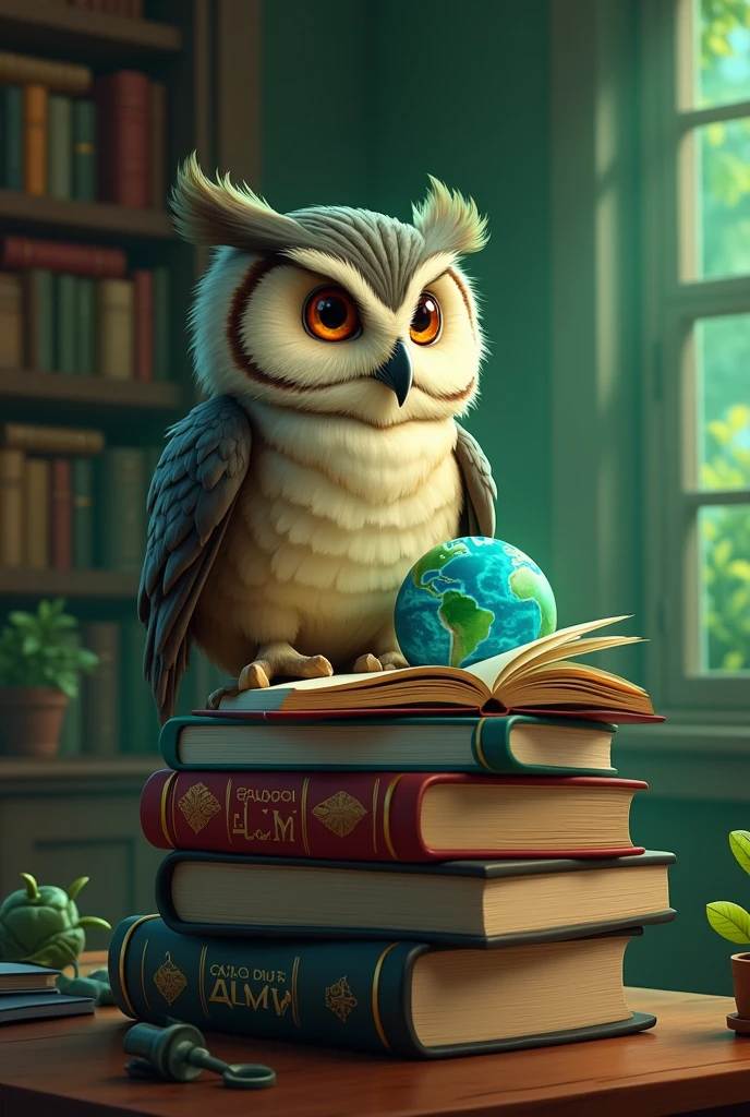 a picture with a wise owl that indicates that he is learning about a stack of law books and that these have the planet Earth on the cover, green colors and animated format