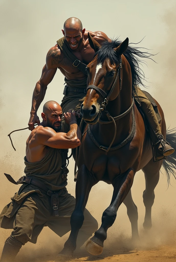 Man fighting a horse that didn&#39;t respect him, bald man with a haggard face, weak and weird man, ugly bald anorexic man