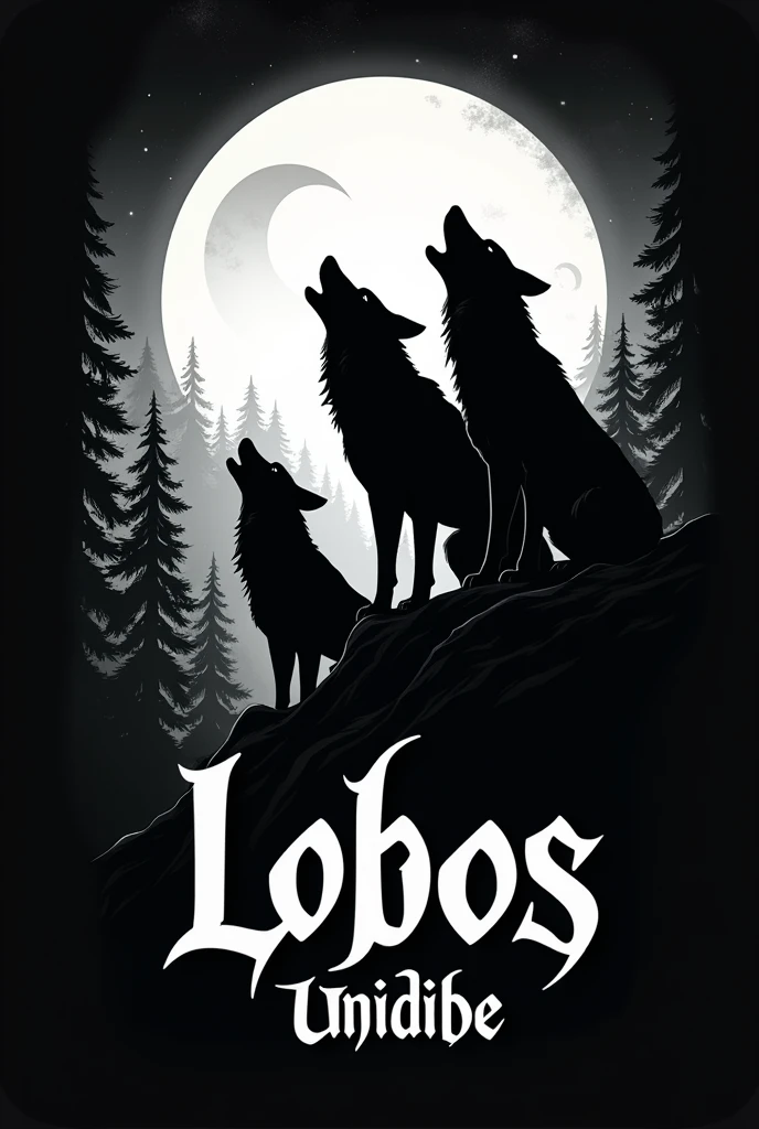Create a logo for me with 3 wolves howling on top of a hill with a forest and moon in the background. with the name "Lobos" below the wolves and the name "Unidade" below the name lobos, with black and white as the main color