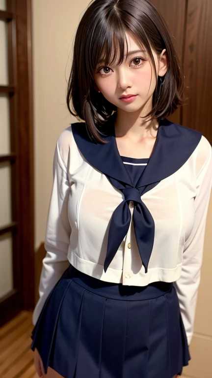 ((Sailor Uniform School Uniform Cosplay、))) ((see -through、)) ((teats、Come Out、areola hollows,)) portlate、In a seductive pose、Raise your arms、Hands up、ultra-short hair、pubick hair、((( 陰核、 、Vaginal opening、Open the))) (( )) (((Spread your legs、Open your crotch、))) (((perspiring、 ))) a picture、masterpiece、