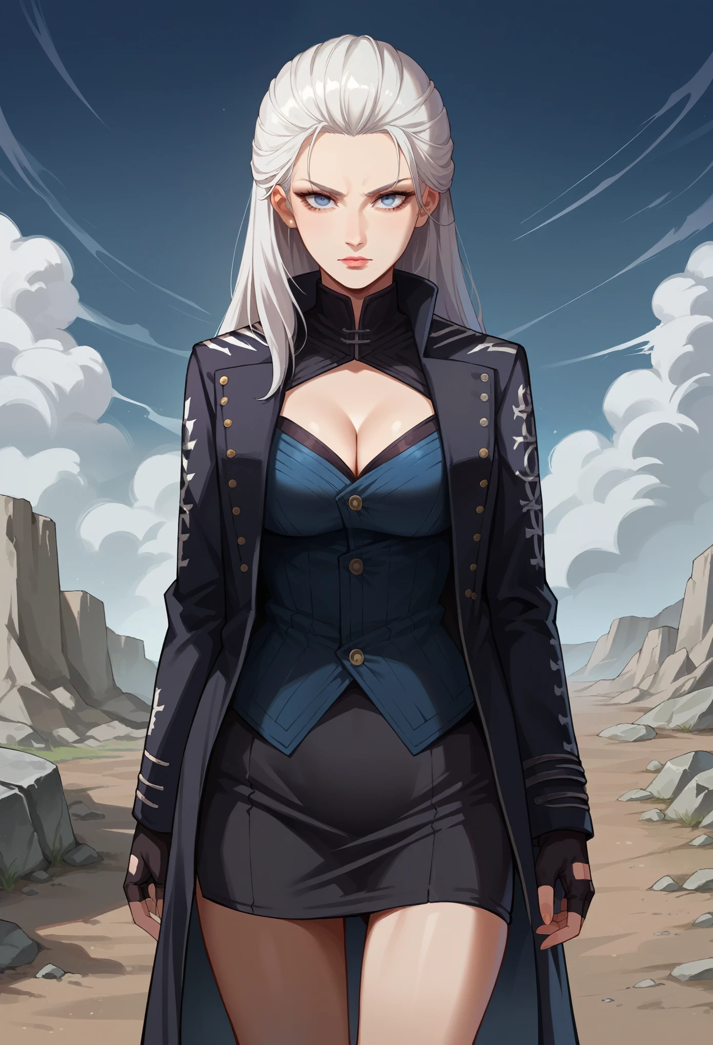 score_9, score_8_up, score_7_up, source_anime, 1girl, solo, female focus, dmc5vergil, white hair, long hair, blue eyes, cleavage, fingerless gloves, black coat, black skirt, short skirt, standing, slight smile, looking at you, wasteland, gray landscape, desolated, gray plain, 