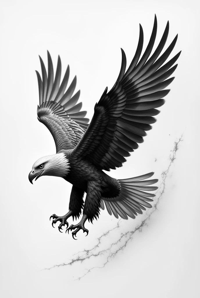 Create a micro realistic tattoo of a realistic golden eagle flying towards the horizon in black and white pointillism 