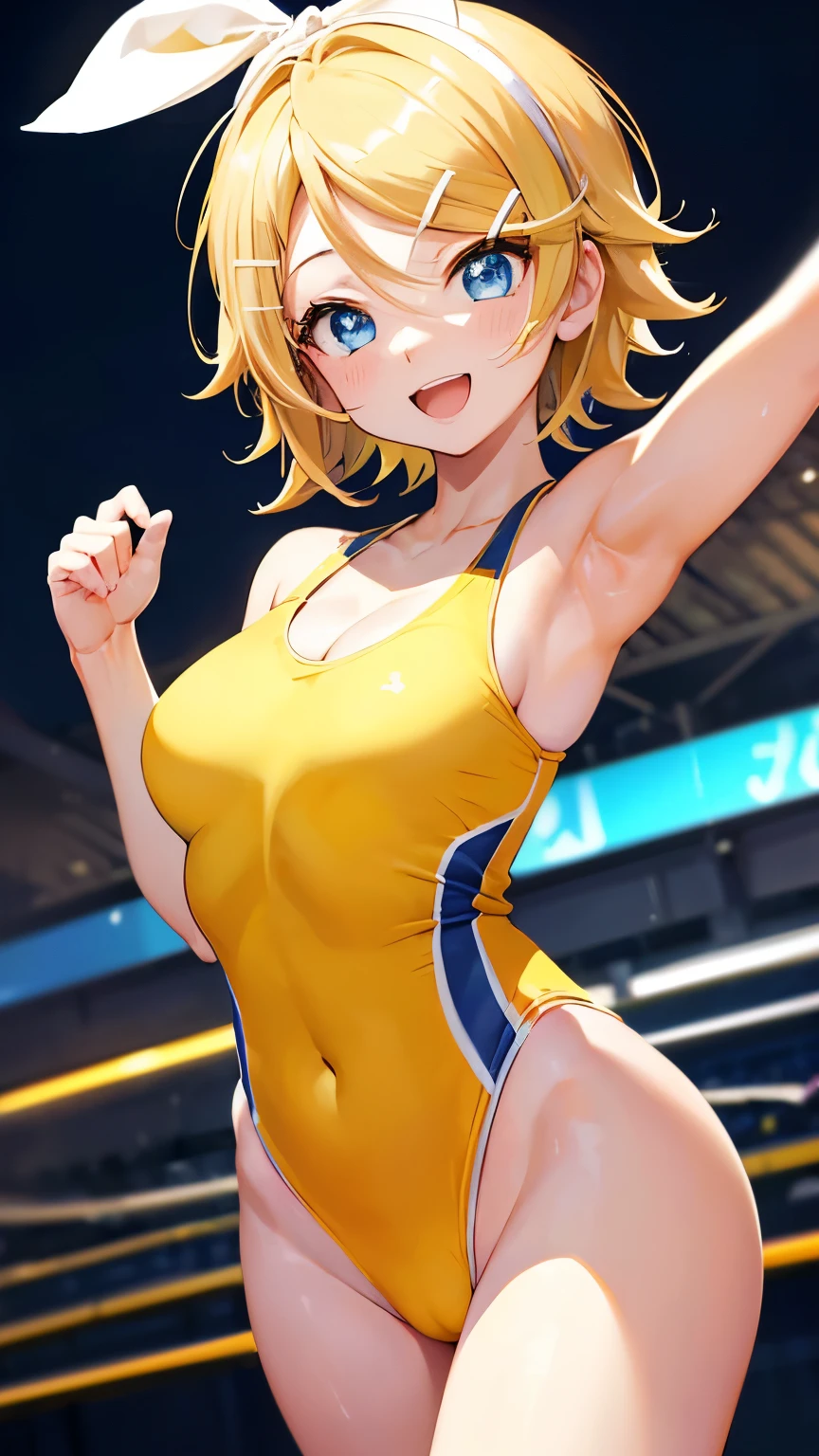 (((anime-style cute face))),(((One Girl、Kagamine Rin))),Highest quality, (Sharp details), (8k, RAW Photos, Highest quality, masterpiece), (extremely detailed 8k wallpaper),Professional Lighting,Sharp focus, Depth of written boundary、Ticker,(((Face close-up)))、(looking at the camera),((((very happy face))))、Very big eyes、Blue Eyes、anatomically correct body、Big thighs、Light from the front、The face is bright、Healthy beautiful breasts、Slightly muscular、((((Track and field uniforms are white and yellow))))、(The costume fits perfectly)、Cleavage、Nipples erect、(Hot pants are navy blue)、Shot from above、lure、Lots of sweat、Accentuate your body lines、