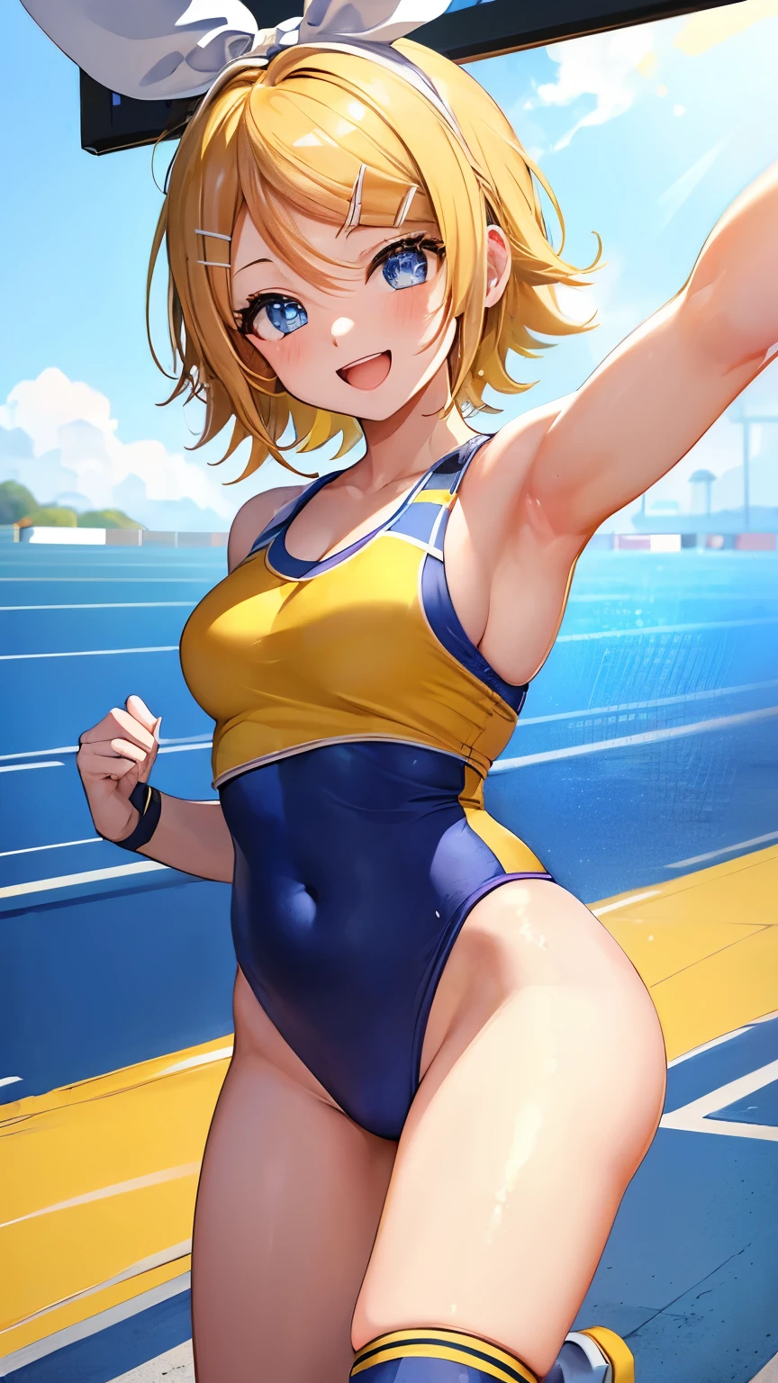 (((anime-style cute face))),(((One Girl、Kagamine Rin))),Highest quality, (Sharp details), (8k, RAW Photos, Highest quality, masterpiece), (extremely detailed 8k wallpaper),Professional Lighting,Sharp focus, Depth of written boundary、Ticker,(((Face close-up)))、(looking at the camera),((((very happy face))))、Very big eyes、Blue Eyes、anatomically correct body、Big thighs、Light from the front、The face is bright、Healthy beautiful breasts、Slightly muscular、((((Track and field uniforms are white and yellow))))、(The costume fits perfectly)、Cleavage、Nipples erect、(Hot pants are navy blue)、Shot from above、lure、Lots of sweat、Accentuate your body lines、