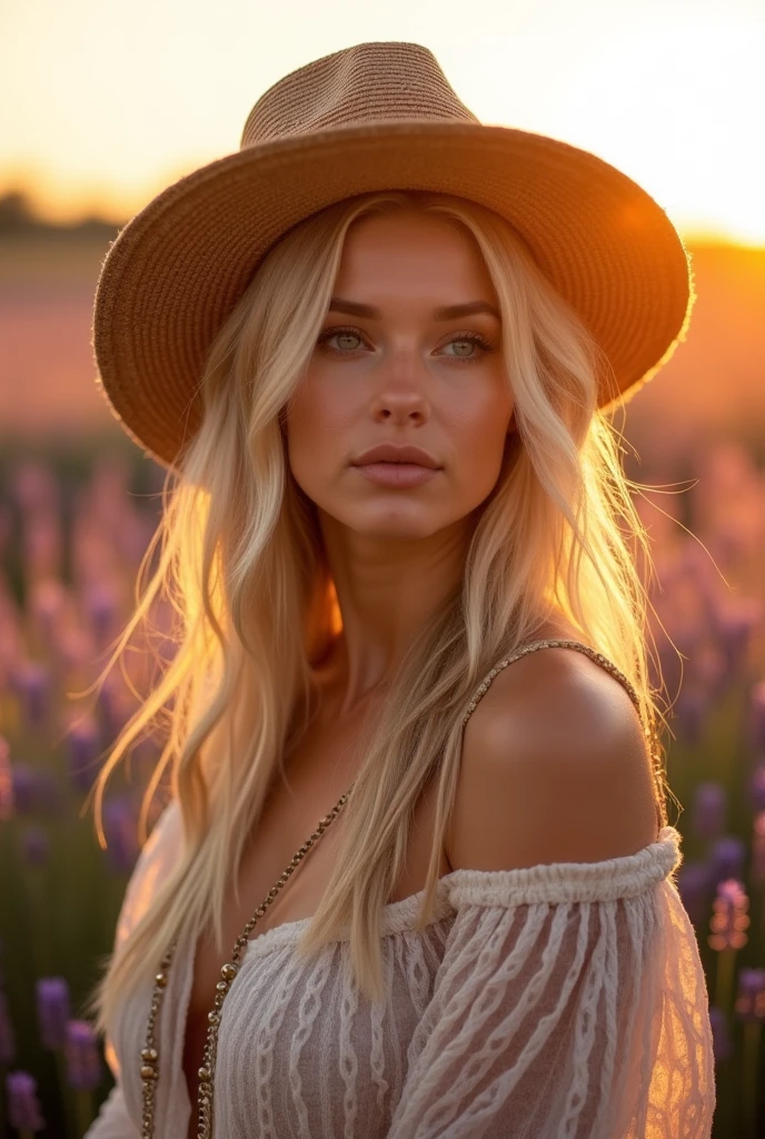 Femme blonde en tenue bohème, dans un champ de lavande au coucher du soleil, avec un chapeau de paille et une expression rêveuse