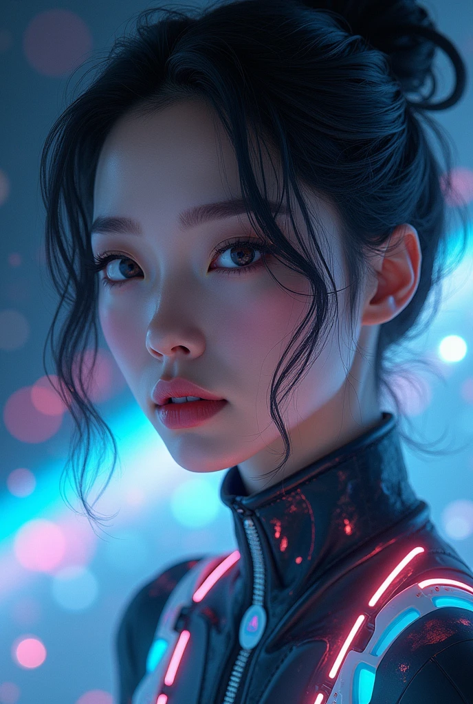8k Beautiful Asian woman, wearing futuristic clothing, floating in space, with a neon colored background behind