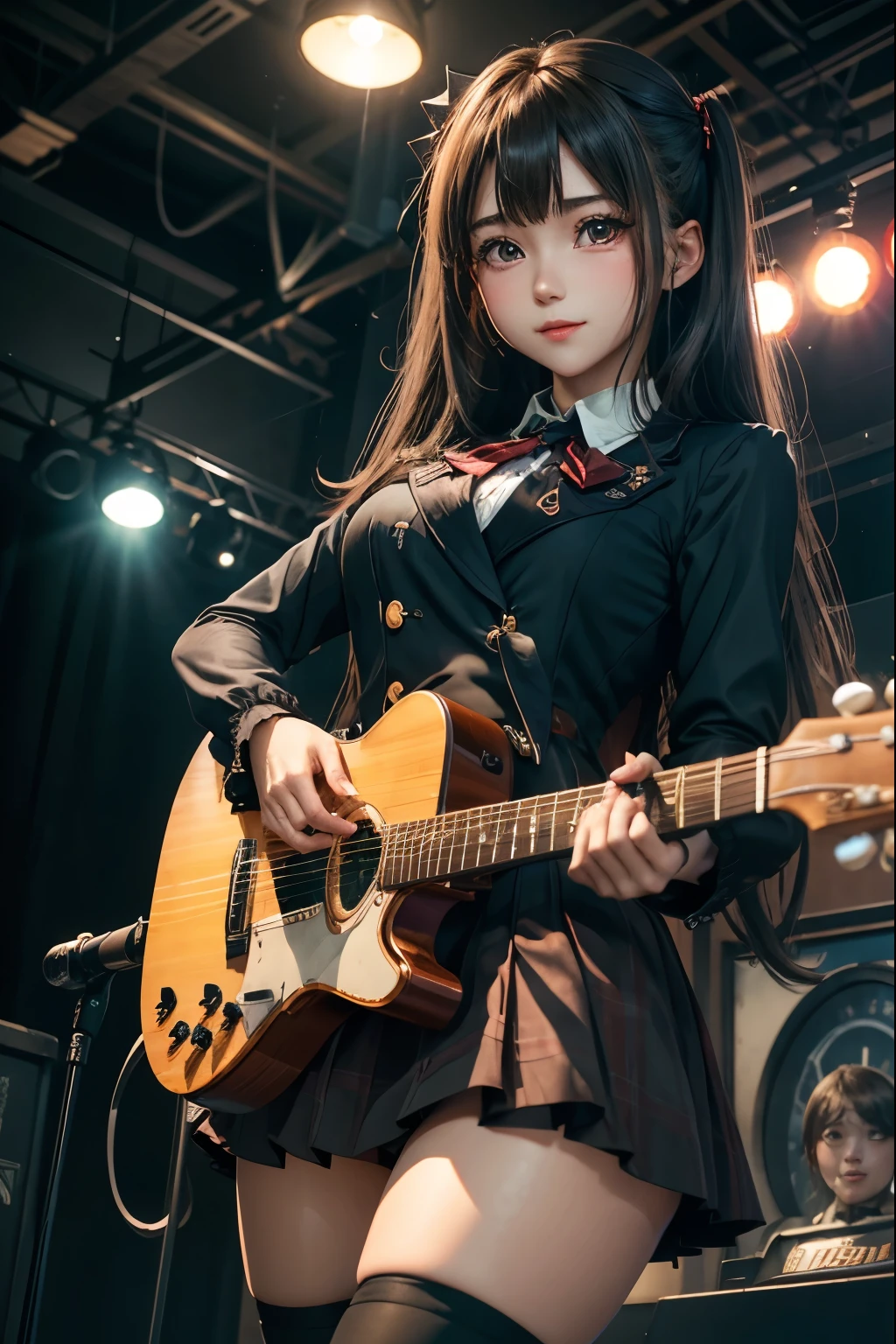 High school girl blazer、uniform、Red checked knee-length skirt、Long skirt、JK Style、Jacket、smile、Knee-high socks、Thigh-high socks、pantyhose、Extremely beautiful、Super cute、ennui、Rare Beauty、Dark black eyeshadow、sad、Skin radiance、Long Hair Straight Hair、Dark Gothic Makeup、Dark Smile、Fragrant beauty、Stained glass background、masterpiece、Highest quality、See 5 books、Sweat glistening on my chest、Sweat glistening on the face、Small breasts、2、Slightly slim、Mysterious look、Sad look、Mysterious Gothic Church、enchanting castle、Excessive sweating all over the body、Thighsに大量の汗と光、光沢のあるThighs、Thighs、Thighsに大量の汗が光る、sweat profusely、Gal、Small breasts、Japanese face、Captivating look、細いThighs、play the guitar、I have a guitar、Enthusiastic singing、バンドでplay the guitar、Playing guitar chords、Background of the live music venue、Sing a song、Open your mouth、Scenery of a live music venue、Mike stand、Glamorous live stage、Dynamic Angles、Vivid straight long hair、delicate straight hair、