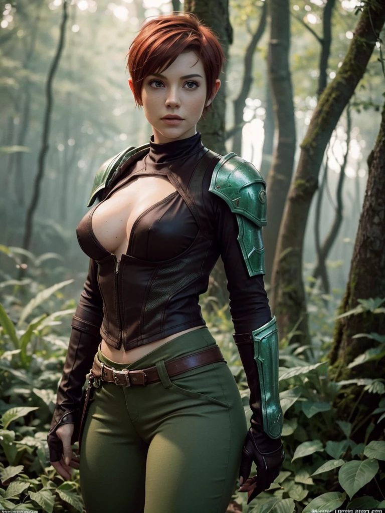 slim feminine figure, redhead, best quality, realistic skin texture, photography, film grain texture and high contrast, extremely high-resolution details, photographic, photorealistic, hyper-realistic, HDR, masterpiece, ((short pixie hair)), dressed up as a night elf hunter from world of warcraft, full green hunter armor, a green lust forest in the background, brown pants, brown gloves