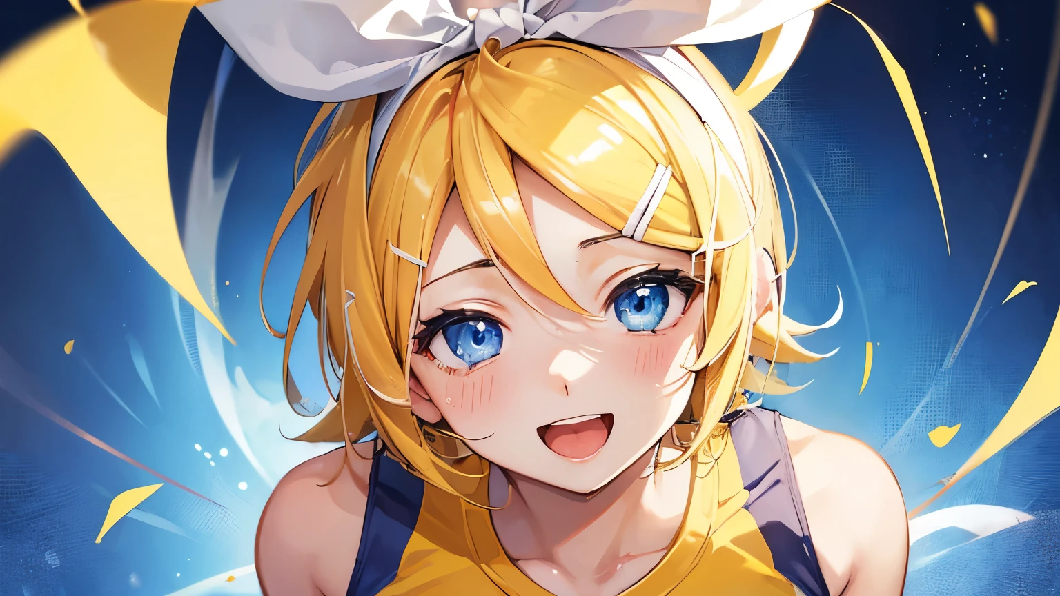 (((anime-style cute face))),(((One Girl、Kagamine Rin))),Highest quality, (Sharp details), (8k, RAW Photos, Highest quality, masterpiece), (extremely detailed 8k wallpaper),Professional Lighting,Sharp focus, Depth of written boundary、Ticker,(((Face close-up)))、(looking at the camera),((((very happy face))))、Very big eyes、Blue Eyes、anatomically correct body、Big thighs、Light from the front、The face is bright、Healthy beautiful breasts、Slightly muscular、((((Track and field uniforms are white and yellow))))、（The costume fits perfectly）、Cleavage、Nipples erect、（Hot pants are navy blue）、Shot from above、lure、Lots of sweat、Accentuate your body lines、