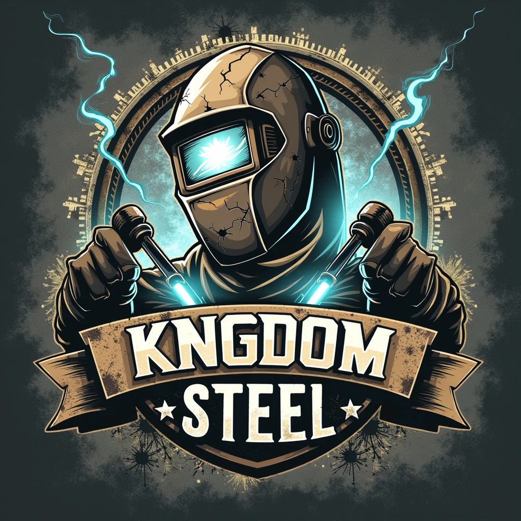 Make a logo that says kingdom steel and has a welding mask, two mig welding torches and a post-apocalyptic style.