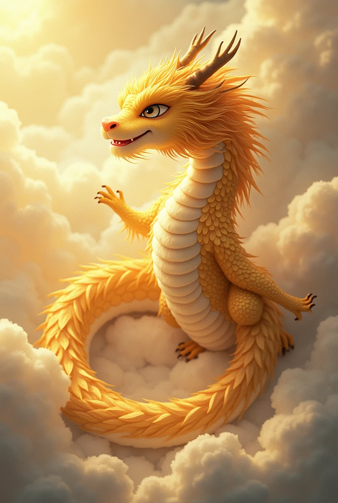 masterpiece, Highest quality,Japan Dragon God、golden dragon、Rin々A funny expression、With fluffy fur。Its face is facing upwards and it is flying towards the sky。No wings、Sparkling and kind eyes、Long body like a snake