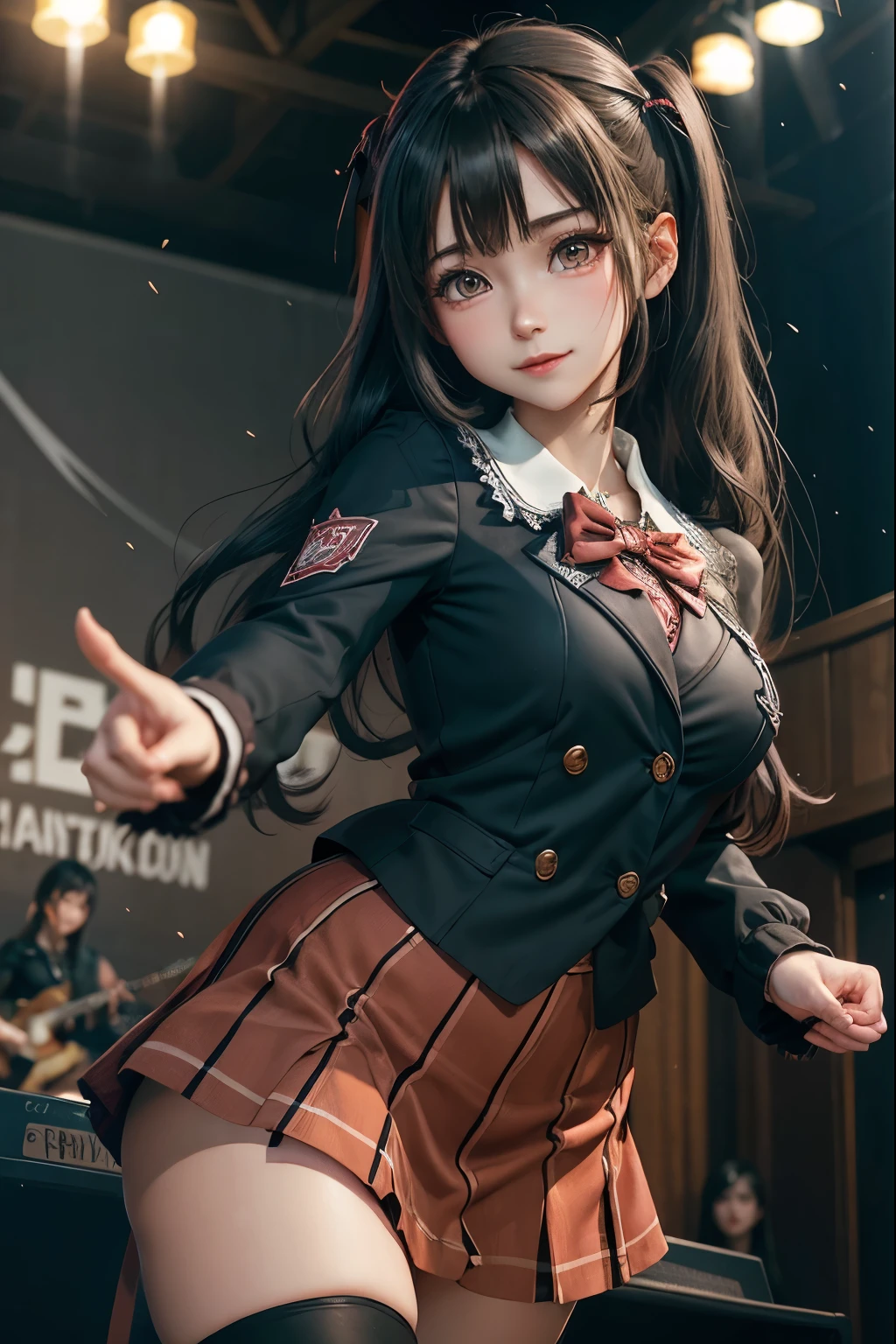 High school girl blazer、uniform、Red checked knee-length skirt、Long skirt、JK Style、Jacket、smile、Knee-high socks、Thigh-high socks、pantyhose、Extremely beautiful、Super cute、ennui、Rare Beauty、Dark black eyeshadow、sad、Skin radiance、Long Hair Straight Hair、Dark Gothic Makeup、Dark Smile、Fragrant beauty、Stained glass background、masterpiece、Highest quality、See 5 books、Sweat glistening on my chest、Sweat glistening on the face、Small breasts、2、Slightly slim、Mysterious look、Sad look、Mysterious Gothic Church、enchanting castle、Excessive sweating all over the body、Thighsに大量の汗と光、光沢のあるThighs、Thighs、Thighsに大量の汗が光る、sweat profusely、Gal、Small breasts、Japanese face、Captivating look、細いThighs、play the guitar、I have a guitar、Enthusiastic singing、バンドでplay the guitar、Playing guitar chords、Background of the live music venue、Sing a song、Open your mouth、Scenery of a live music venue、Mike stand、Glamorous live stage、Dynamic Angles、Vivid straight long hair、delicate straight hair、