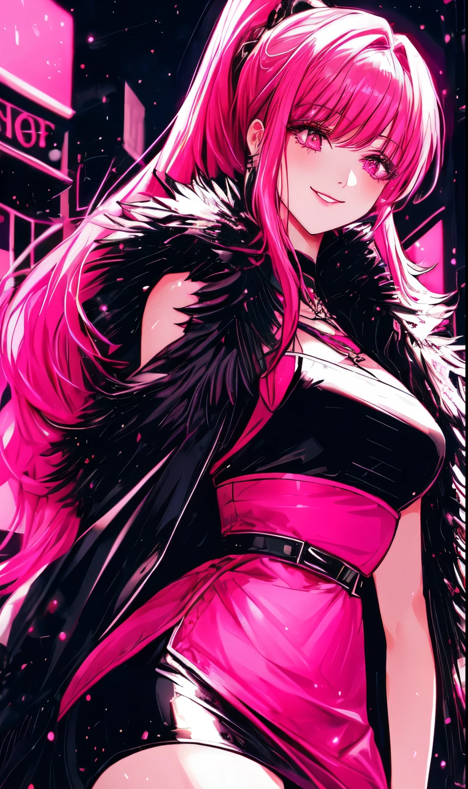 A beautiful gothic woman with long hot pink hair (haircut with bangs and ponytail), Latin eyes, smiling sweetly, wearing a stylish cyberpunk neon pink dress and a long fur jacket, Empty background of candlelit medieval street