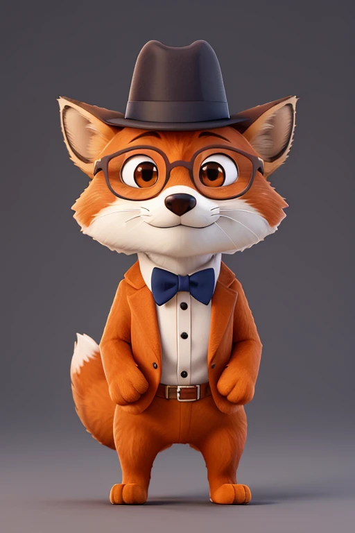mascot featuring a clever fox standing upright on its hind legs, with one paw raised as if presenting. The fox has a sleek orange coat with a white chest and tail tip, sharp and expressive eyes with a hint of mischief. It wears a small detective’s hat (like a fedora) and a neat bowtie. Add a magnifying glass or smart tablet in one paw and a pair of glasses perched on its nose. The background should be simple, with subtle question marks or choice icons