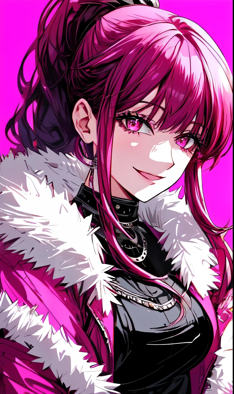 A beautiful gothic woman with long hot pink hair (haircut with bangs and ponytail), Latin eyes, smiling sweetly, wearing a stylish cyberpunk neon pink dress and a long fur jacket, Empty background of candlelit medieval street