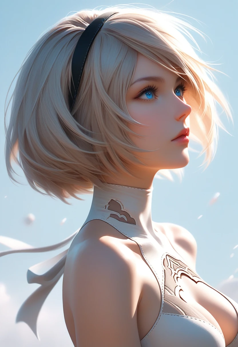 score_9, score_8_up, score_7_up,source_anime, high res image,masterpiece,best quality
BREAK {solo, (2B of Nier_Automa:1.4)), (slender body,medium breasts),(lightbrown_lightwhite colored hair:1.4, short cut hair), (medium mouth:1.2),(narrow and sharp eyes:1.4,blue-glay eyes),(black hairband:1.4) ,profile
BREAK simple_background,cleavage