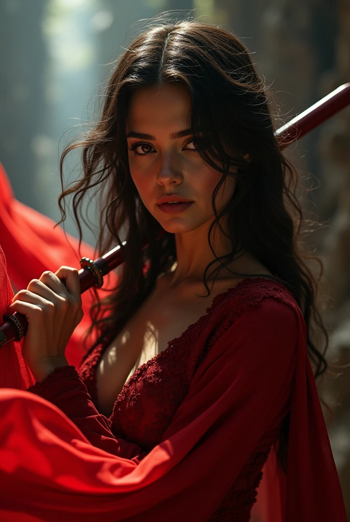 ((masterpiece))), ((Highest quality))), ((Super detailed)), (Surreal), (Highly detailed CG illustrations), Cinematic Light, Realistic, Very beautiful young woman,sexy, light makeup,, Exquisite Details EABA, Red Cape, gun