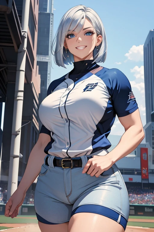 A woman with silver bob hair and blue eyes, (She is looking down), extremely detailed and realistic, masterpiece quality, ultra-detailed, HDR, vivid colors, physically-based rendering, thick thighs, (scornful grin),  long thick muscular thighs, baseball player, baseball wear