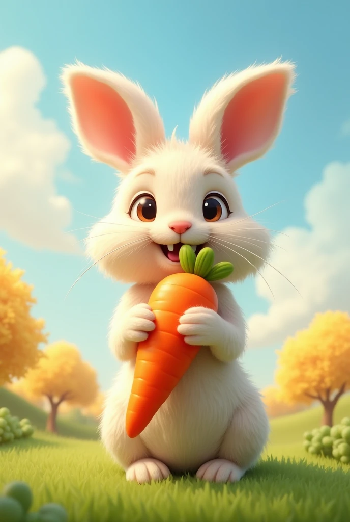 A happy rabbit with a carrot in his hand