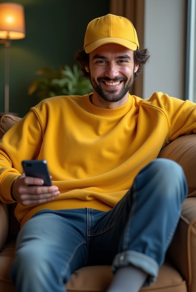 Create an image of a man sitting on the couch, about 30 years old, but looking young, wearing a yellow sweatshirt with a cap and sweatshirt cap, sitting casually with his right leg raised and his left leg lowered, wearing jeans and his cell phone in his hand with a gray sock.