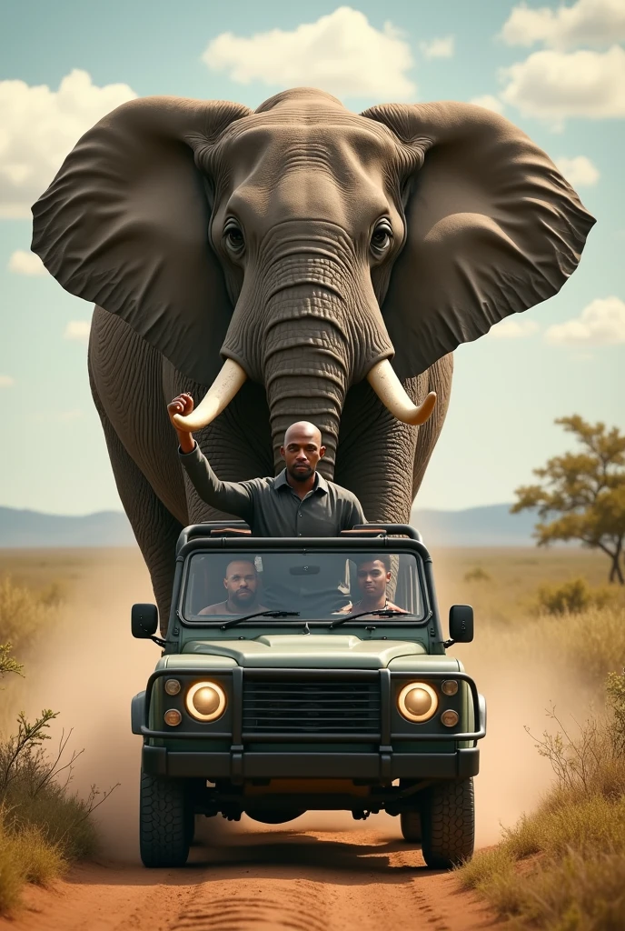Make a bald black man in a safari car, stopping a giant elephant, just raising your right hand