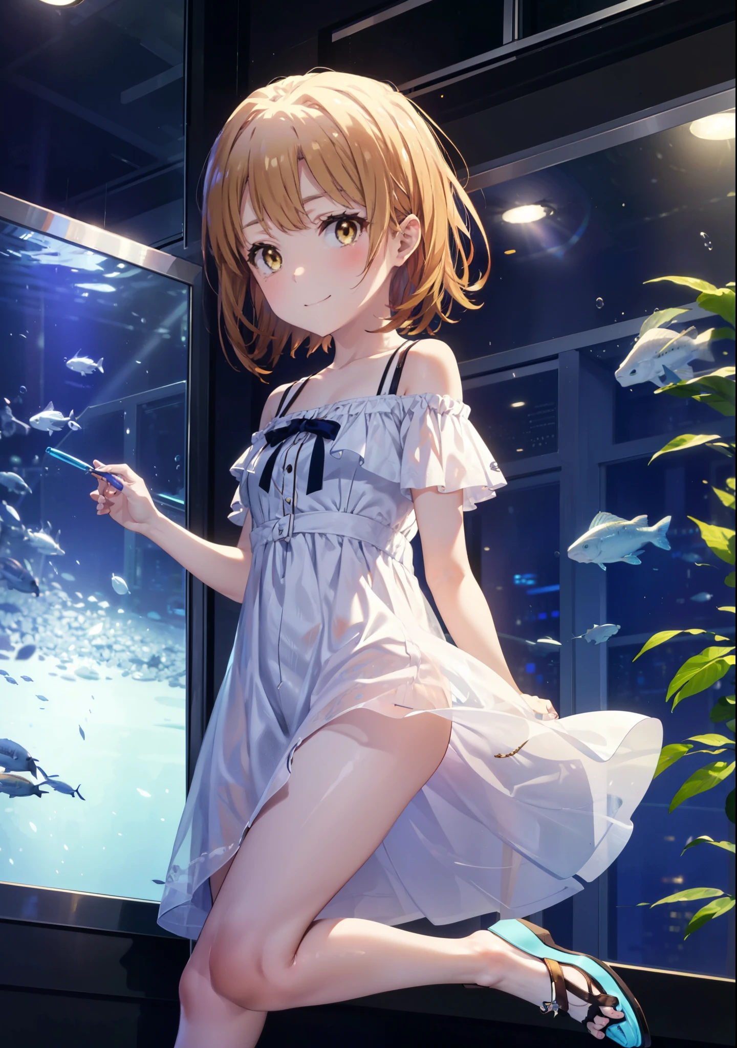 Irohaisshiki, isshiki iroha, short hair, Brown Hair, (Brown eyes:1.5), smile,Close your mouth,smile,Off-the-shoulder dress,mini skirt,Cute heeled sandals,Walking,巨大なガラス水槽で魚が泳ぐ美しいaquarium, きらめく光が幻想的なaquarium,whole bodyがイラストに入るように,
break indoors, aquarium,
break looking at viewer,whole body,
break (masterpiece:1.2), Highest quality, High resolution, unity 8k wallpaper, (figure:0.8), (Beautiful attention to detail:1.6), Highly detailed face, Perfect lighting, Highly detailed CG, (Perfect hands, Perfect Anatomy),