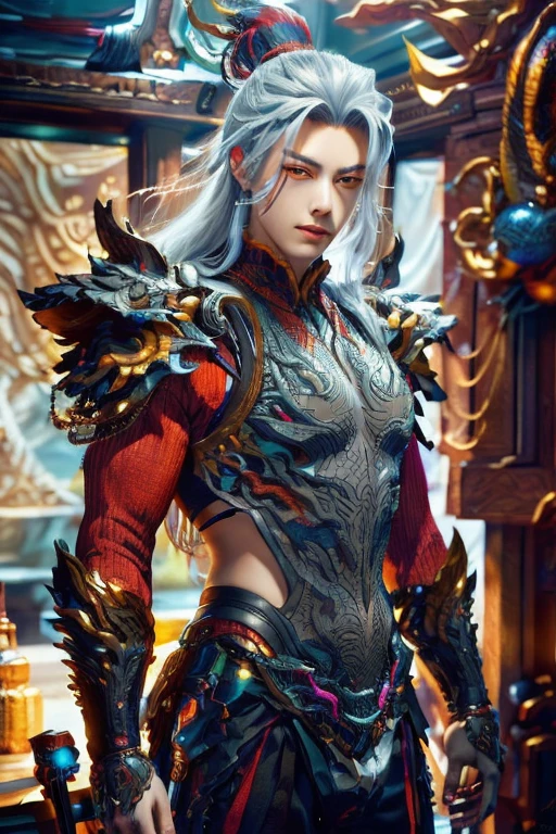 (Best Quality, 8K, Masterpiece, HDR, Soft Lighting, Picture Perfect, Realistic, Vivid), Male Humanoid Dragon (1.0), 1 Guy, (((male))),red sensual lips, Perfect Face, Super Detailed Photo of a Magnificent Humanoid Dragon man with long silver hair,golden amber eyes,eyes detailed,Beautiful anime fantasy, background blur, anime fantasy, Gouves style work, realistic: 1.37, long silver hair, full lips, (((Curvy guy))), (Ultra high quality fantasy art) , Masterpiece , male model, ultra high quality male character designs, detailed 8k anime art, realistic anime art, highest quality wallpapers, intricate ultra high quality accurate male characters faces, high quality design and accurate physics (fantasy - ultra high quality) art) , dark xianxia fantasy style), masterpieces, super high-quality characters, anime resolution - 8K, realistic anime art, wallpapers with the highest quality illustrations, ultra-high detail of faces, high-quality design and accurate physics), color, depth of field, shadows, ray tracing, high quality execution. -high quality and 8K resolution, (Accurate simulation of the interaction of light and materials)], [High-quality hair detail [Read more about beautiful and shiny white hair]], (Beautifully detailed hands [perfect fingers [Perfect nails]]], (perfect anatomy ( perfect proportions)))) [[Full height]], [Perfect combination of colors (Accurate imitation of the interaction of light and material)], [art that conveys the meaning of the story](modified)