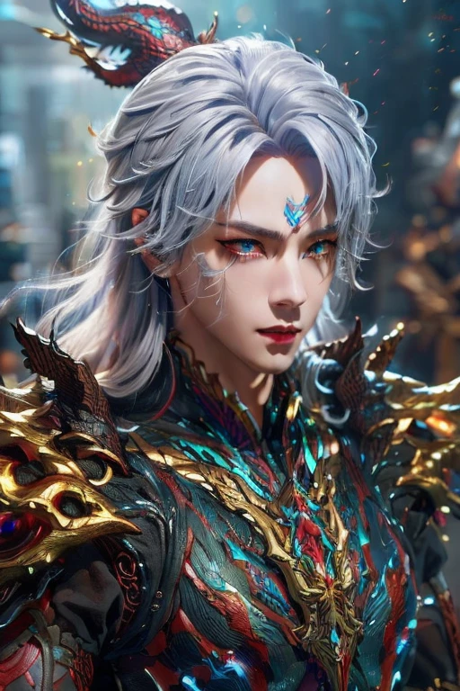 (Best Quality, 8K, Masterpiece, HDR, Soft Lighting, Picture Perfect, Realistic, Vivid), Male Humanoid Dragon (1.0), 1 Guy, (((male))),red sensual lips, Perfect Face, Super Detailed Photo of a Magnificent Humanoid Dragon man with long silver hair,golden amber eyes,eyes detailed,Beautiful anime fantasy, background blur, anime fantasy, Gouves style work, realistic: 1.37, long silver hair, full lips, (((Curvy guy))), (Ultra high quality fantasy art) , Masterpiece , male model, ultra high quality male character designs, detailed 8k anime art, realistic anime art, highest quality wallpapers, intricate ultra high quality accurate male characters faces, high quality design and accurate physics (fantasy - ultra high quality) art) , dark xianxia fantasy style), masterpieces, super high-quality characters, anime resolution - 8K, realistic anime art, wallpapers with the highest quality illustrations, ultra-high detail of faces, high-quality design and accurate physics), color, depth of field, shadows, ray tracing, high quality execution. -high quality and 8K resolution, (Accurate simulation of the interaction of light and materials)], [High-quality hair detail [Read more about beautiful and shiny white hair]], (Beautifully detailed hands [perfect fingers [Perfect nails]]], (perfect anatomy ( perfect proportions)))) [[Full height]], [Perfect combination of colors (Accurate imitation of the interaction of light and material)], [art that conveys the meaning of the story](modified)