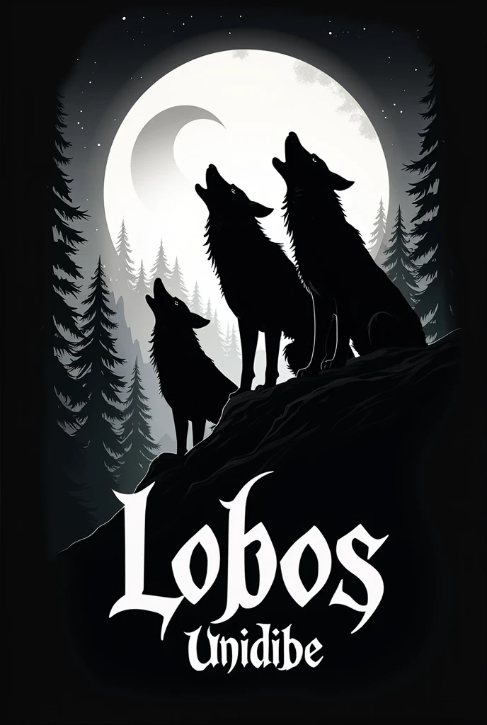 Create a logo for me with 3 wolves howling on top of a hill with a forest and moon in the background. with the name "Lobos" below the wolves and the name "Unidade" below the name lobos, with black and white as the main color
