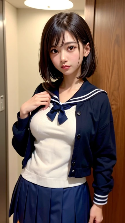 Browsing Caution,Highest quality, 4K, High resolution, whole body、Very detailed, Realistic:1.37, NFSW, Studio Lighting, Vibrant colors,cute、Middle school students、One person、Bobcut、Beautiful black hair、Sharp Face、(Sailor suit:1.4)、(Pull on your jacket:1.1)、Captured on video、(Nervous:1.2)、(sweating:1.2)、Hotel room、The skirt is short.、Adult Video Interview、