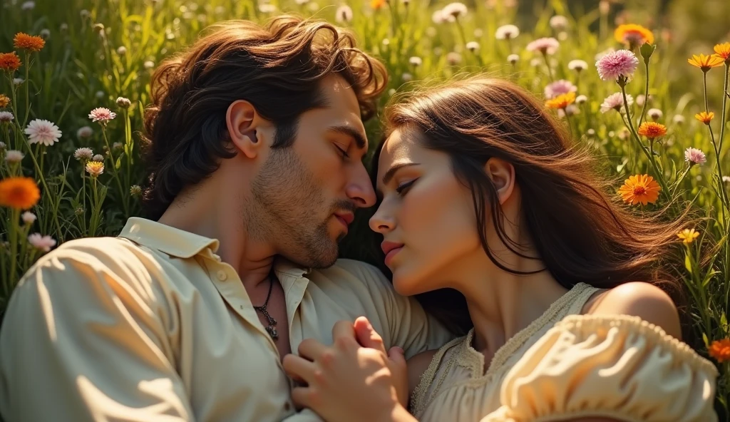 Milla Jovovich and Gerard Butler lie in a meadow surrounded by flowers, Warm summer sun, a light breeze ruffles the woman's hair, They look into each other's eyes, time of knights.
