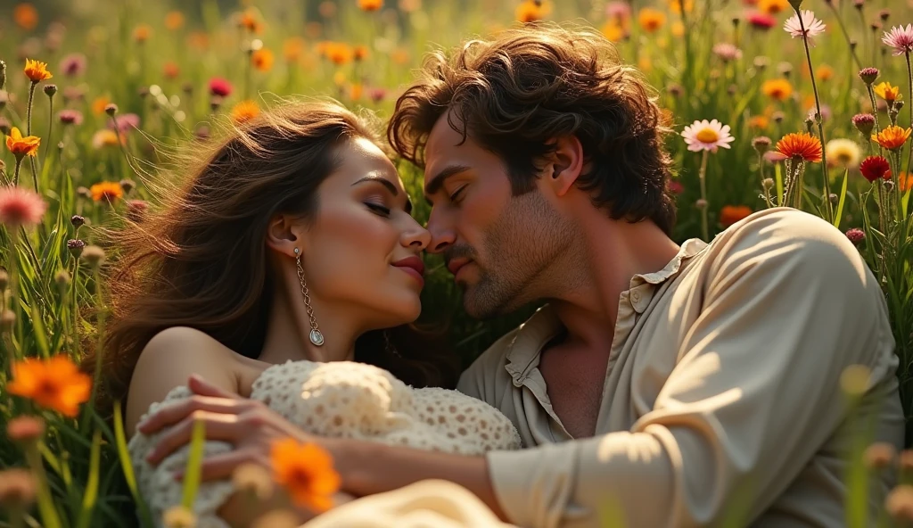 Milla Jovovich and Gerard Butler lie in a meadow surrounded by flowers, Warm summer sun, a light breeze ruffles the woman's hair, They look into each other's eyes, time of knights.