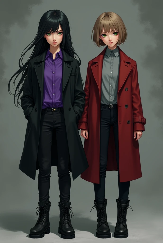 Gray background. Two teenagers: one with long black hair with side bangs and green eyes, wore a purple blouse and a black overcoat, black pants and boots. The other girl had short light brown hair and light green eyes, wore a gray blouse over a red overcoat, black pants and black boots.