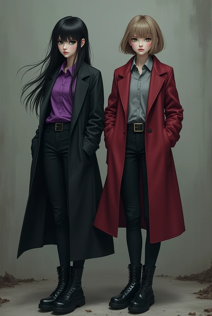 Gray background. Two teenagers: one with long black hair with side bangs and green eyes, wore a purple blouse and a black overcoat, black pants and boots. The other girl had short light brown hair and light green eyes, wore a gray blouse over a red overcoat, black pants and black boots.