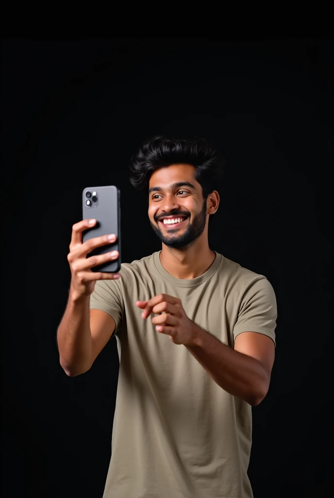 The image shows a young Indian man with black hair, smiling and holding up a smartphone . He is wearing a t-shirt and appears to be happy and excited. The background is black
