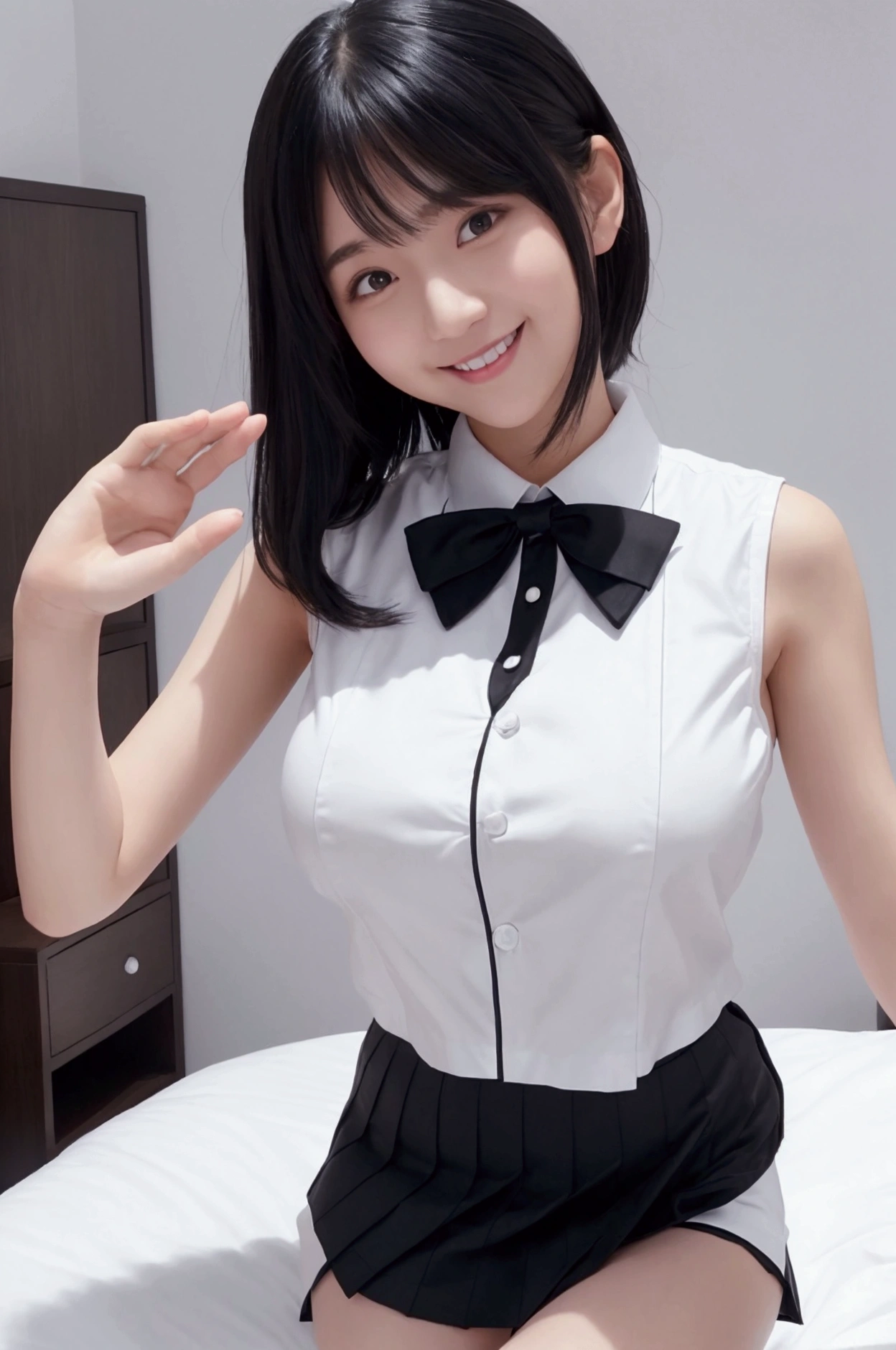 Burning idol pose Adorable smile Hotel bed uniform Sleeveless white clothes High resolution Big Breasts Black mini skirt The skirt should be short Beautiful feet Beautiful Hair height: 155cm