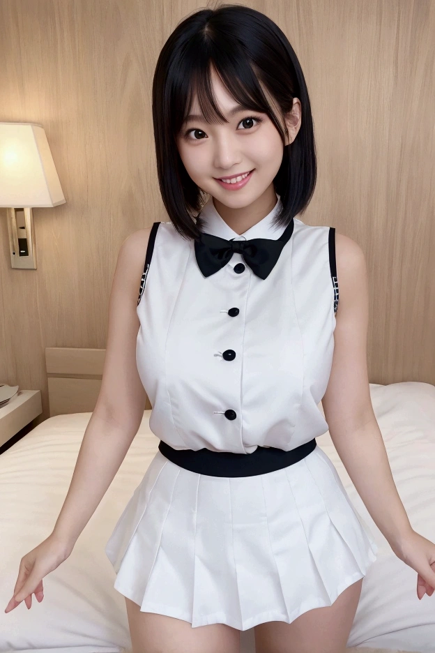 Burning idol pose　Adorable smile　Hotel　bed　uniform　Sleeveless white clothes　High resolution　Big Breasts　Black mini skirt　The skirt should be short 　Beautiful feet　Beautiful Hair　height: 155cm　