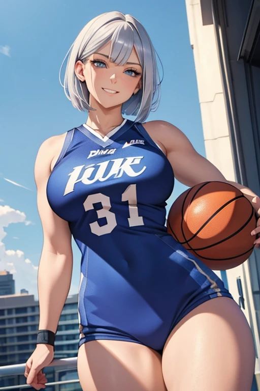 A woman with silver bob hair and blue eyes, (She is looking down), extremely detailed and realistic, masterpiece quality, ultra-detailed, HDR, vivid colors, physically-based rendering, thick thighs, (scornful grin),  long thick muscular thighs, basketball player, basketball wear