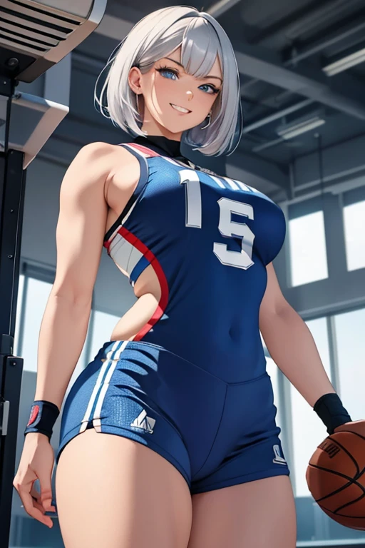 A woman with silver bob hair and blue eyes, (She is looking down), extremely detailed and realistic, masterpiece quality, ultra-detailed, HDR, vivid colors, physically-based rendering, thick thighs, (scornful grin),  long thick muscular thighs, basketball player, basketball wear