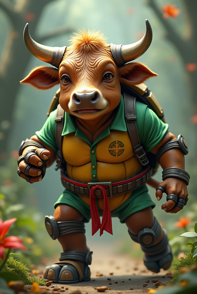 Brown cow that has the body of a ninja turtle and wears a shirt with the colors green, yellow and red