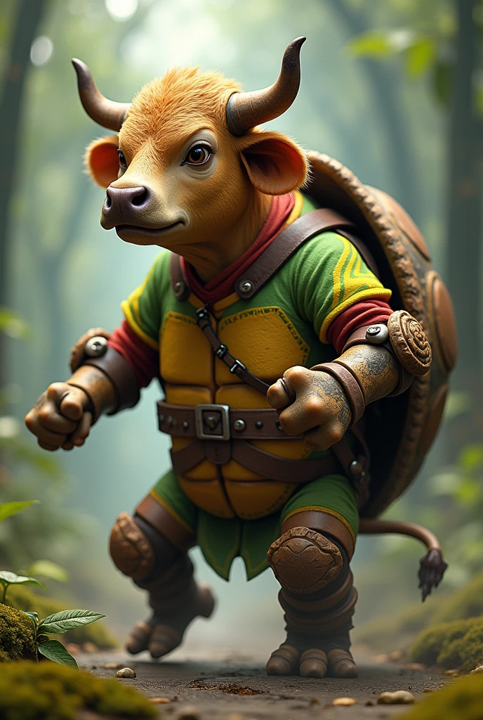 Brown cow that has the body of a ninja turtle and wears a shirt with the colors green, yellow and red