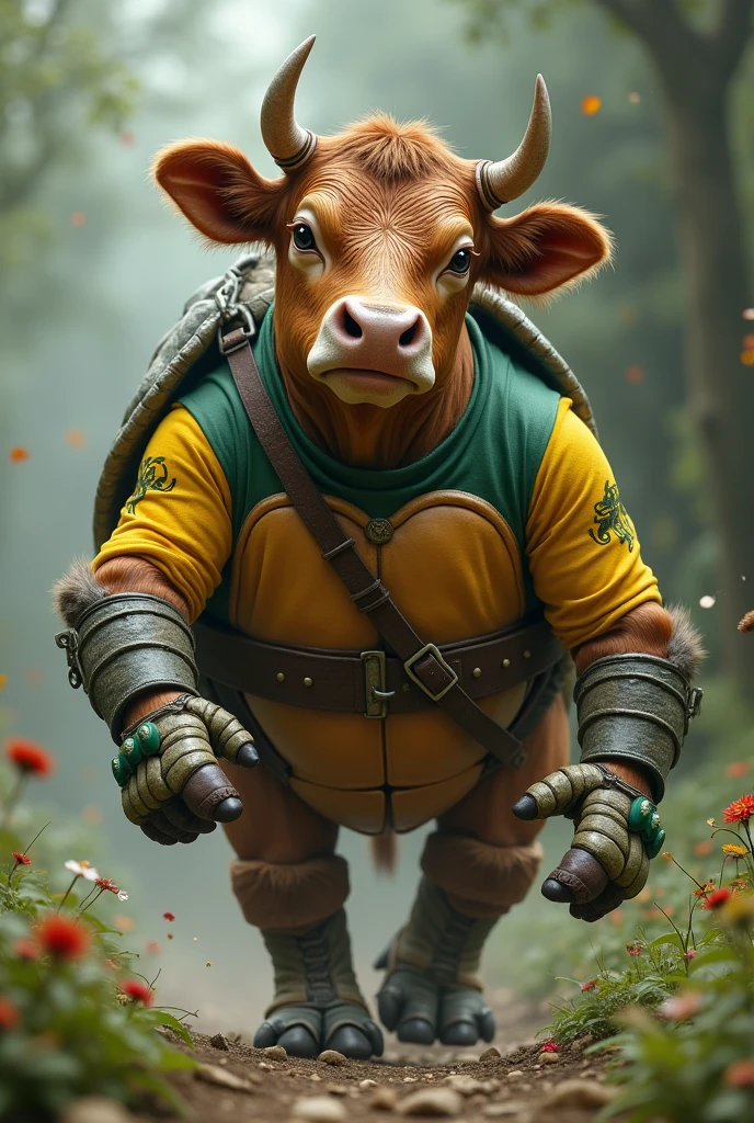 Brown cow that has the body of a ninja turtle and wears a shirt with the colors green, yellow and red