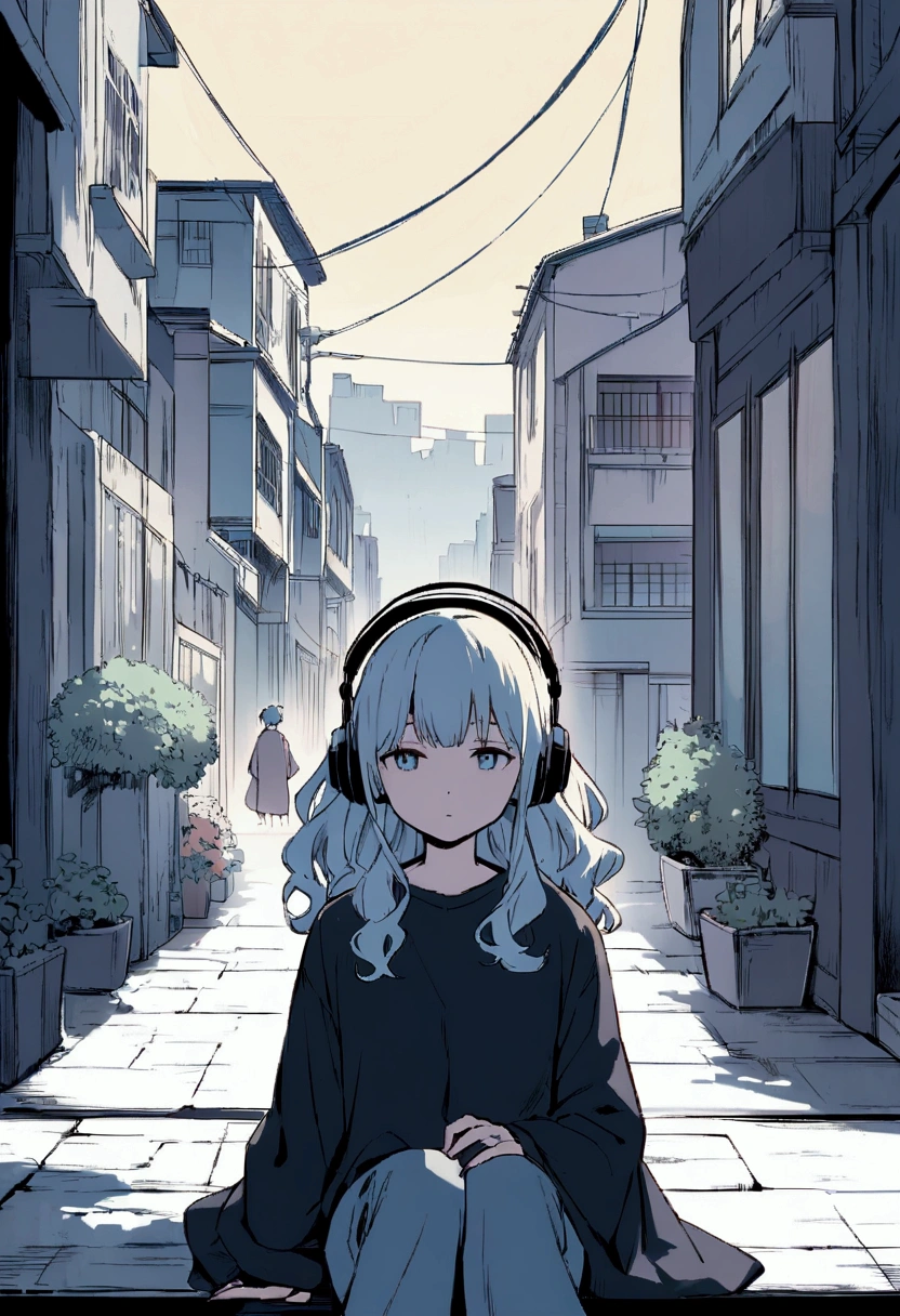 Pale-colored city　Anime style illustration of a sitting girl and boy. he長い間, She has light wavy hair and is wearing headphones. he、Dressed casually with a dark shirt and loose coat over his clothing。. Road in the background　Beautifully drawn, With minimalist lines. The overall color scheme is soft and dark., Gives the image a calm and relaxing feel."
