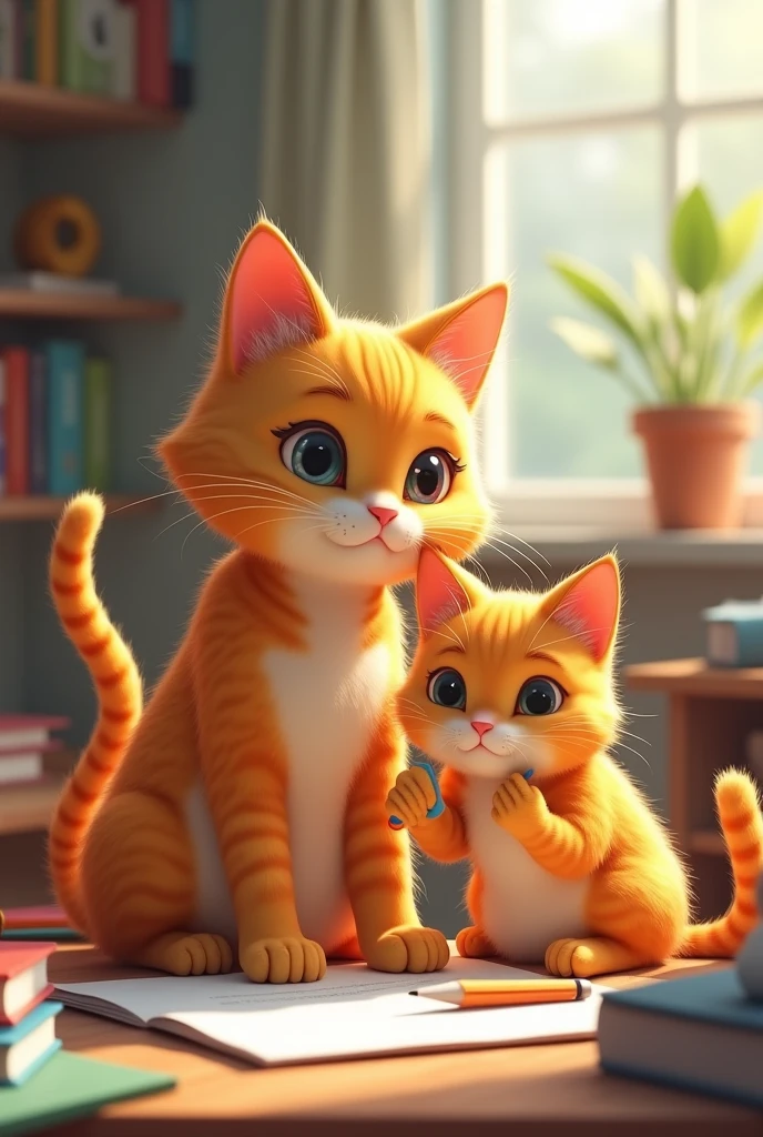 fit blonde cat with little orange cat doing homework, 3d art style