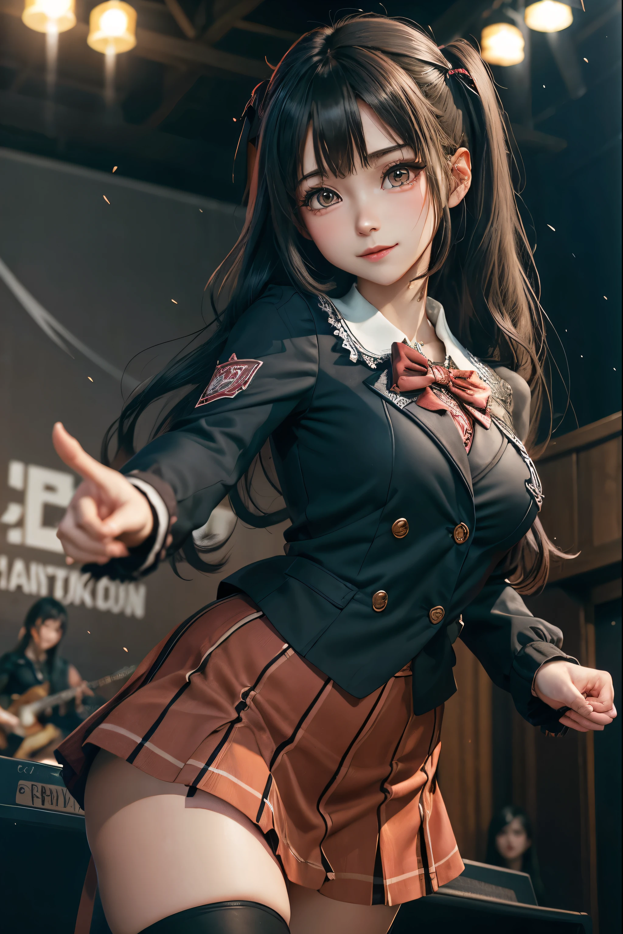 High school girl blazer、 uniform、Red checked knee-length skirt、Long skirt、JK Style、Jacket、smile、Knee-high socks、Thigh-high socks、pantyhose、A superb beauty、Super cute、ennui、Rare beauty、Twin tail hair、Black Dark Eyeshadow、Sad、Good skin glow、Long hair straightener、Dark Gothic Makeup、Dark Smile、Fragrant beauty、Stained glass background、Mastepiece、Best Quality、Refers to 5 books、Sweat glistening on my chest、Sweat glistening on my face、Small breasts、Dark pink hair、Age 22 years old、Slightly slim、Mysterious look、A sad expression、Pink Hair、mysterious gothic church、enchanting castle、Sweating profusely all over the body、A lot of sweat and light on the thighs、Shiny thighs、Plenty of sweat glistening on the thighs、A large amount of sweat glistens on my thighs、Sweating profusely、Gal、Small breasts、japanese face、Alluring expression、Thin thighs、Playing guitar、I have a guitar、Sing a song enthusiastically、Playing guitar in a band、Playing guitar chords、Live House Background、Sing a song、Open your mouth、Live house scenery、Mike stand、Glamorous live stage、Dynamic Angle、