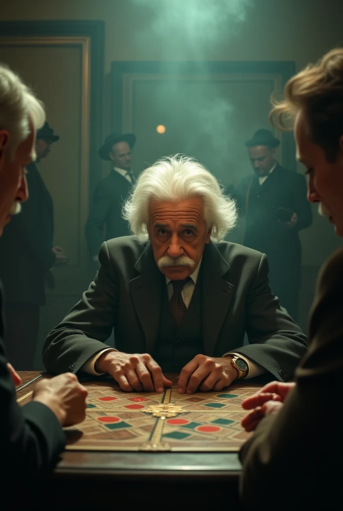 Albert Einstein in board game mafia style with dark beige and green background