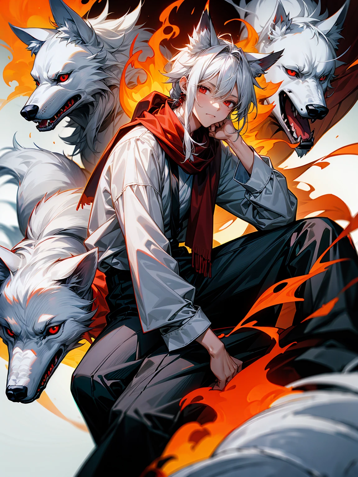 1male, Adult, Long White Hair, White Baggy Long Sleeve Shirt, Baggy Black Pants, Red Eyes, Red Scarf, Earring, Masculine, Dog Ears, Surrounded By Flames, Wolf, Single Hair Braid, Sitting