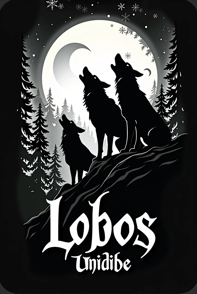 Create a logo for me with 3 wolves howling on top of a hill with a forest and moon in the background. with the name "Lobos" below the wolves and the name "Unidade" below the name lobos, with black and white as the main color
