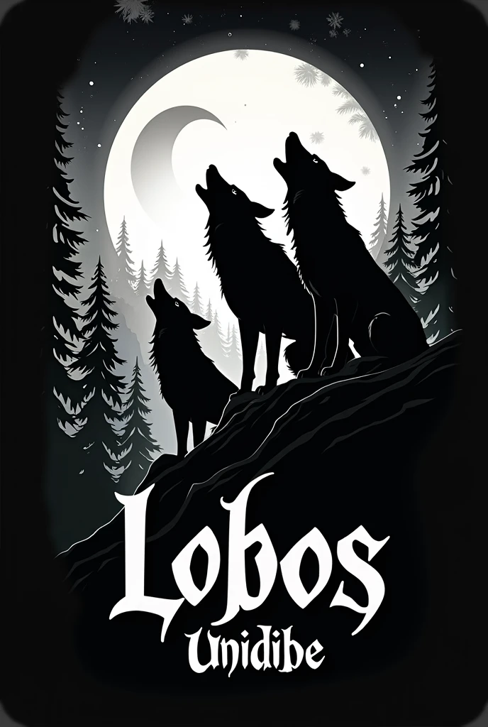 Create a logo for me with 3 wolves howling on top of a hill with a forest and moon in the background. with the name "Lobos" below the wolves and the name "Unidade" below the name lobos, with black and white as the main color