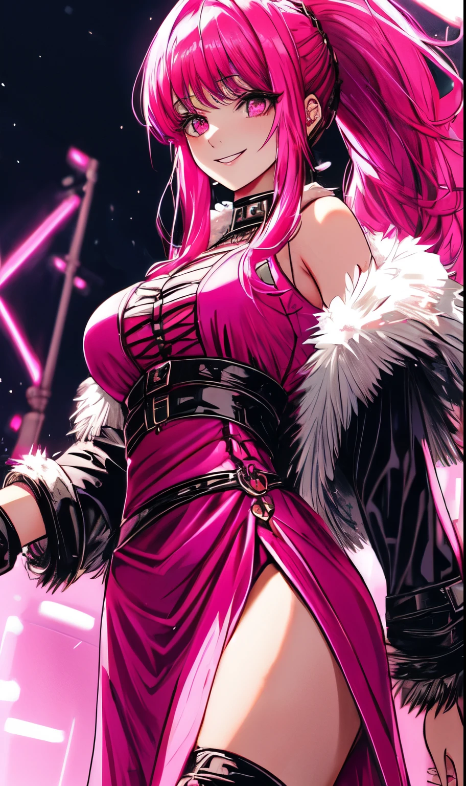 A beautiful gothic woman with long hot pink hair (haircut with bangs and ponytail), Latin eyes, smiling sweetly, wearing a stylish cyberpunk neon pink dress and a long fur jacket, Empty background of candlelit medieval street